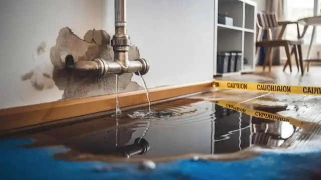 Pipe leaking water onto a floor with caution tape marking off the wet area