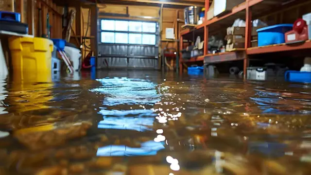 Flooded garage with standing water around shelving and stored boxes