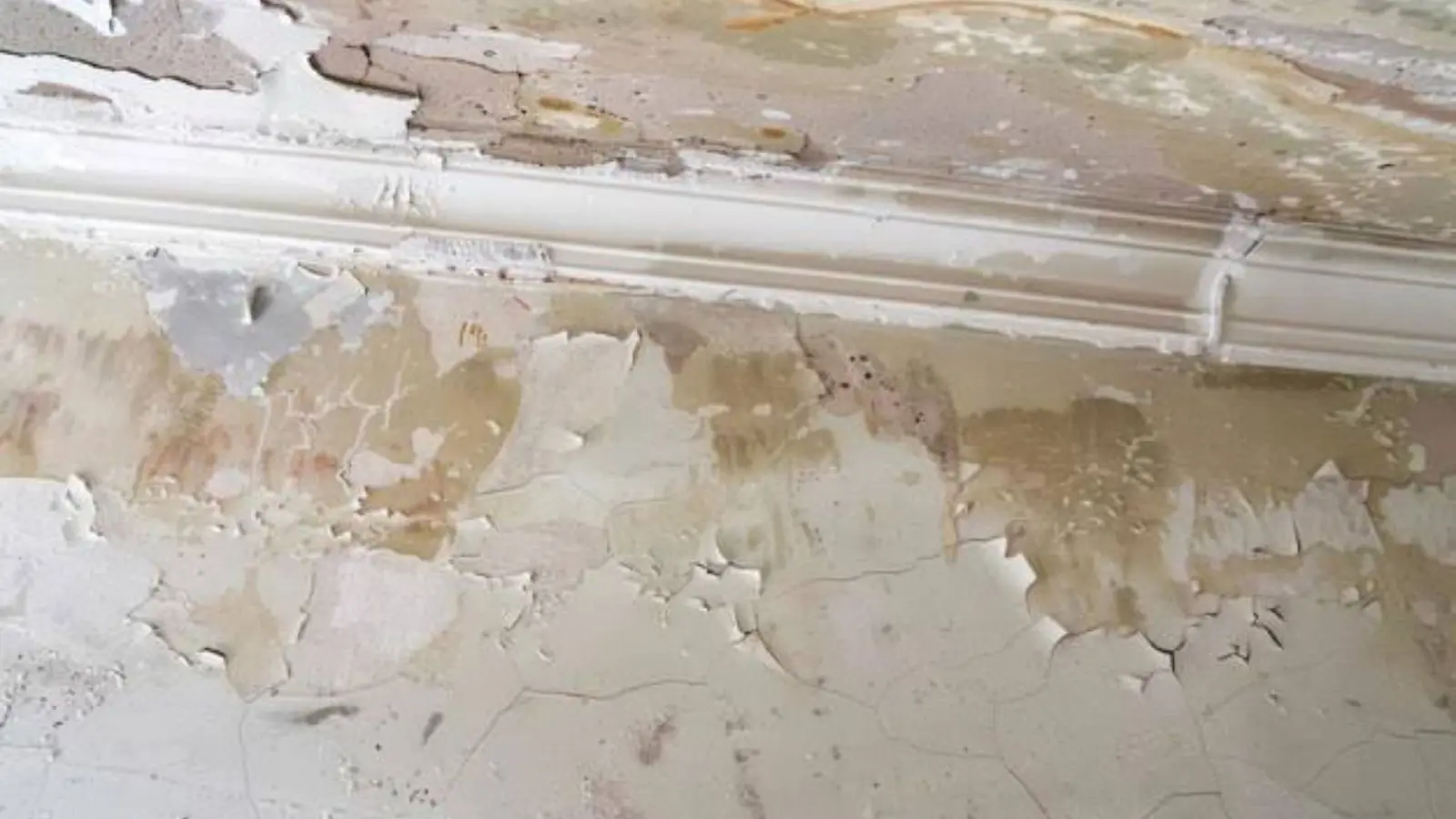 Wall with peeling paint and water stains above a baseboard