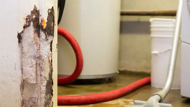 Wet vacuum hose clearing water from the floor beside a water heater and corroded post