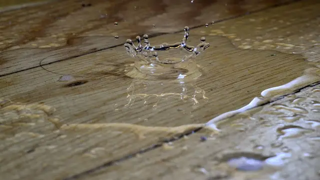 Water pooling and beading on wood plank flooring