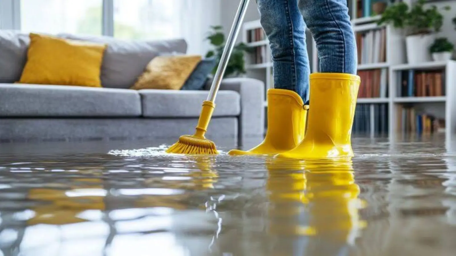 Person in yellow rubber boots mopping standing water in a living room during water damage cleanup