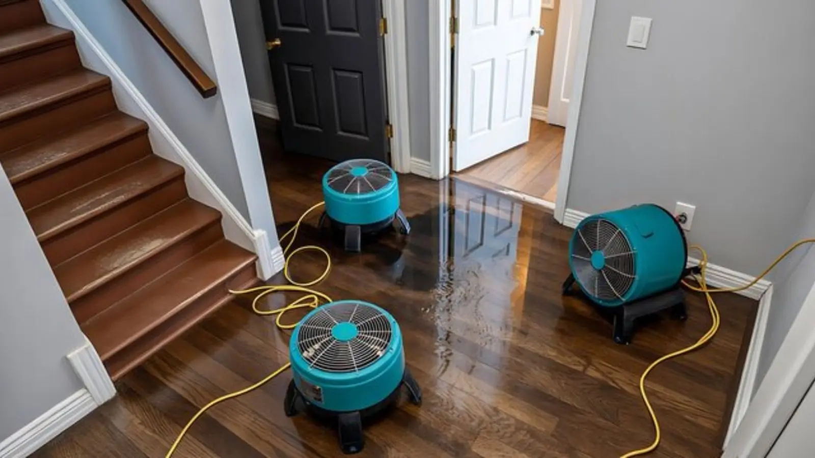 Round air movers running on a wet hardwood floor near a staircase to dry the structure